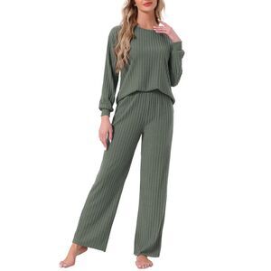 Ribbed Knit 2 Piece Long Sleeve Top and Pants Pajamas Sets Olive Green